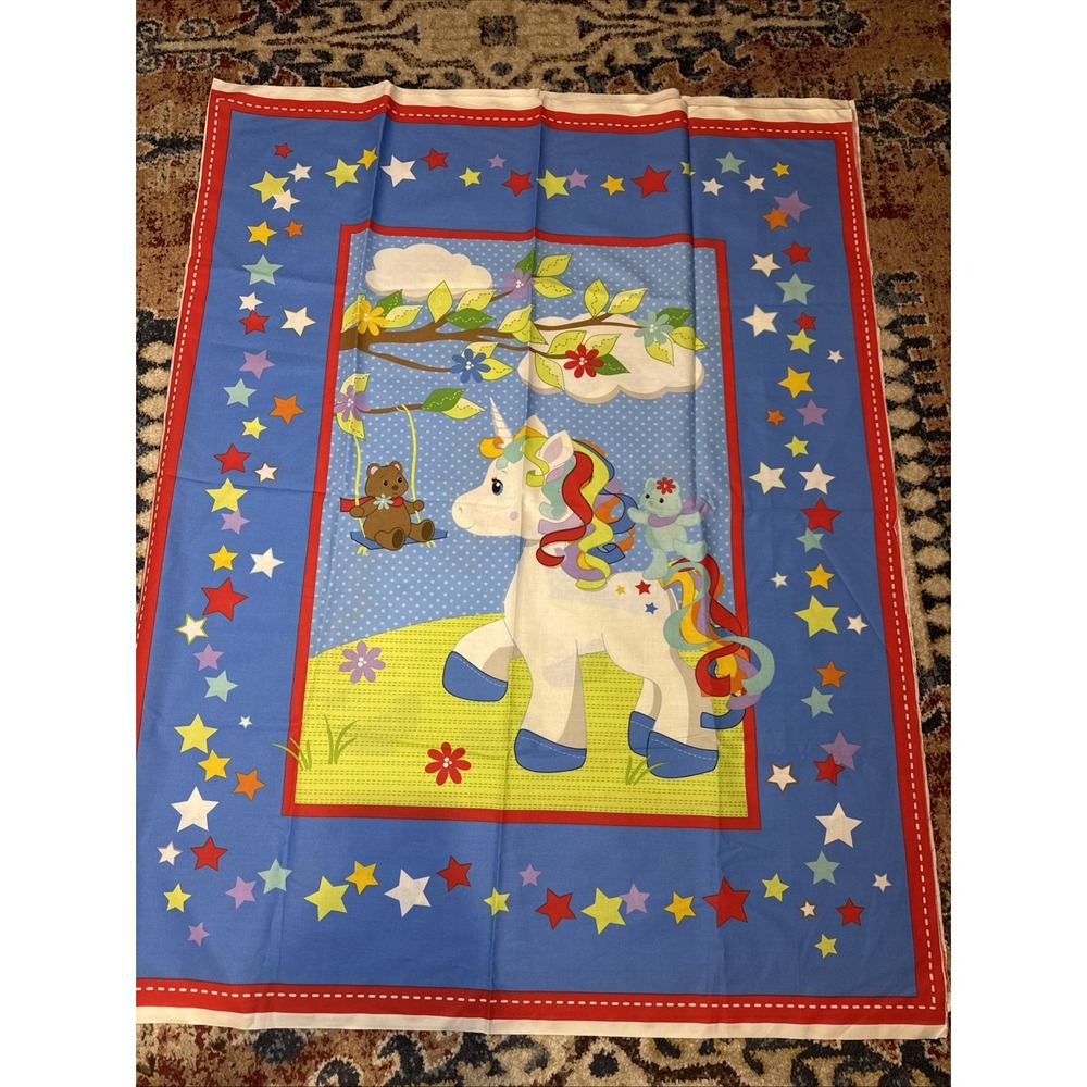 Vintage Unicorn Teddy Bear Star Border Cotton Fabric Panel Nursery Decor Blue